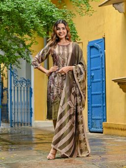 Odette - Olive Floral Thread Work Kurta With Pant And Dupatta
