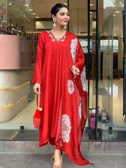 Odette - Red Solid Embroidered Anarkali Kurta With Pant And Dupatta