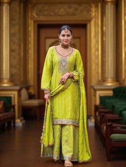 Odette - Green Embroidered Embellished Sequined Kurta With Sharara And Dupatta
