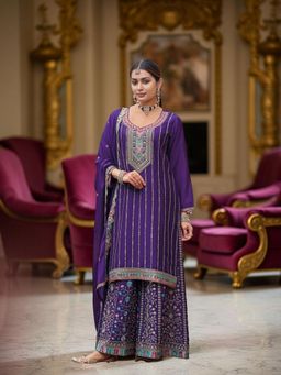 Odette - Purple Embroidered Embellished Sequined Kurta With Sharara And Dupatta