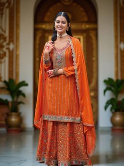 Odette - Orange Embroidered Embellished Sequined Kurta With Sharara And Dupatta