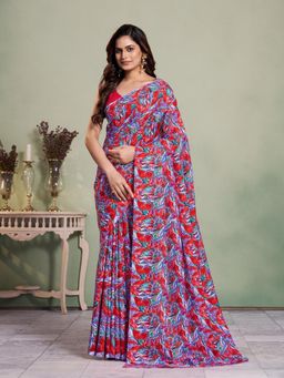 Garden VARELI - Red Floral Printed Art Silk Saree With Unstitched Blouse
