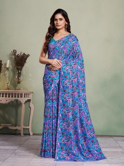 Garden VARELI - Blue Printed Art Silk Saree With Unstitched Blouse