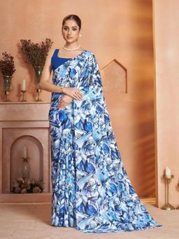 Garden VARELI - Blue Floral Printed Art Silk Saree With Unstitched Blouse
