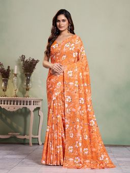 Garden VARELI - Orange Floral Printed Art Silk Saree With Unstitched Blouse