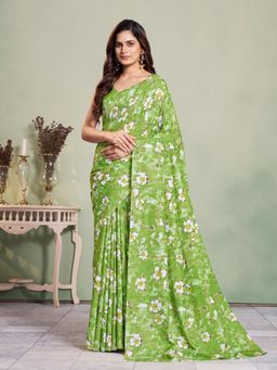 Garden VARELI - Green Floral Printed Art Silk Saree With Unstitched Blouse
