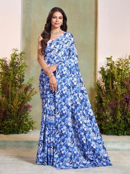 Garden VARELI - Blue Floral Printed Art Silk Saree With Unstitched Blouse