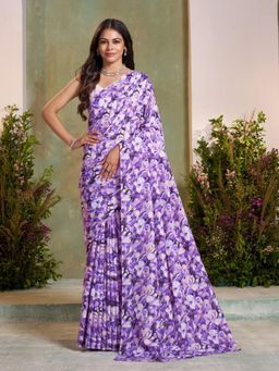 Garden VARELI - Purple Floral Printed Saree With Unstitched Blouse