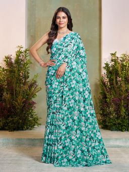 Garden VARELI - Green Floral Printed Saree With Unstitched Blouse