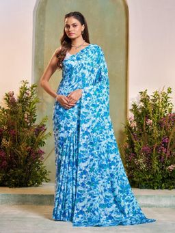 Garden VARELI - Blue Floral Printed Saree With Unstitched Blouse
