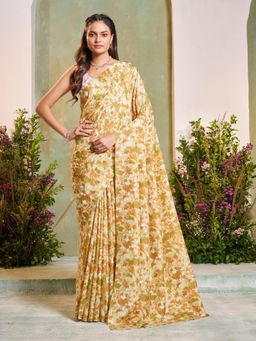 Garden VARELI - Yellow Floral Printed Saree With Unstitched Blouse