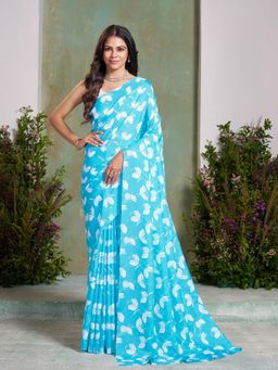 Garden VARELI - Blue Floral Printed Saree With Unstitched Blouse