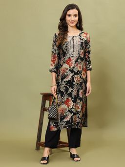MEENA BAZAAR - Black Women Floral Printed Kurta with Pant