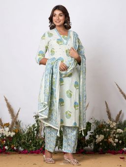 MEENA BAZAAR - Off White Floral Printed Kurta with Pant with and Dupatta