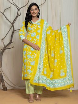 MEENA BAZAAR - Yellow Floral Printed Kurta with Pant and Dupatta