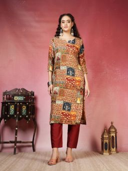 MEENA BAZAAR - Orange Printed Kurta with Pant