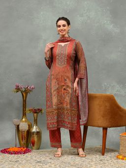 MEENA BAZAAR - Rust Women Floral Printed Kurta with Pant and Dupatta