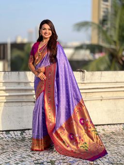 ELITE WEAVES - Lavender Woven Bandhani Paithani Fusion Silk Saree With Unstitched Blouse