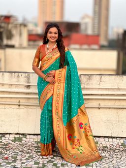 ELITE WEAVES - Blue Woven Bandhani Paithani Fusion Silk Saree With Unstitched Blouse