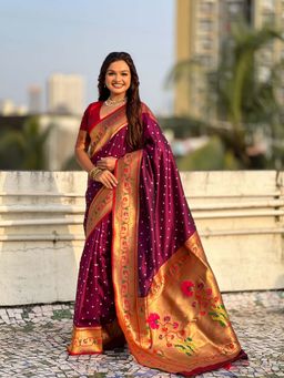 ELITE WEAVES - Wine Woven Bandhani Paithani Fusion Silk Saree With Unstitched Blouse