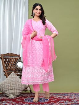 MEENA BAZAAR - Pink Women Embroidered Thread Work Kurta with Pant and Dupatta
