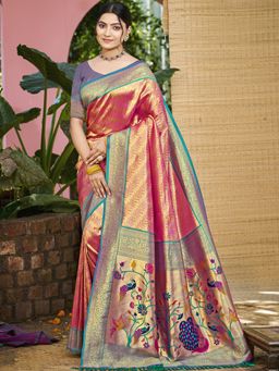 Fashion Petals - Pink Kanjivaram Silk Woven Work Saree With Unstitched Blouse