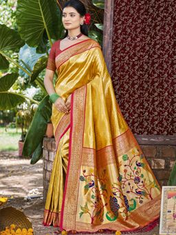 Fashion Petals - Mustard Kanjivaram Silk Woven Work Saree With Unstitched Blouse