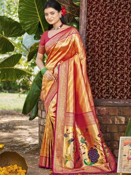 Fashion Petals - Orange Kanjivaram Silk Woven Work Saree With Unstitched Blouse