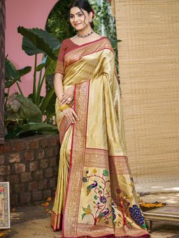Fashion Petals - Mustard Kanjivaram Silk Woven Work Saree With Unstitched Blouse