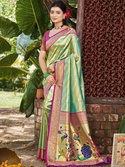 Fashion Petals - Green Kanjivaram Silk Woven Work Saree With Unstitched Blouse