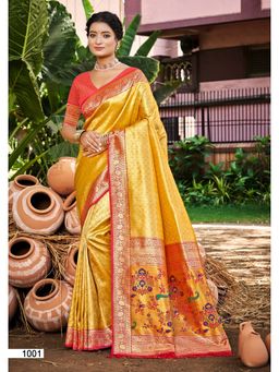 Fashion Petals - Yellow Kanjivaram Silk Woven Work Saree With Unstitched Blouse