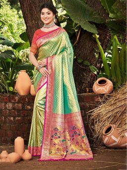 Fashion Petals - Green Kanjivaram Silk Woven Work Saree With Unstitched Blouse