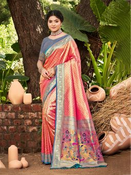Fashion Petals - Pink Kanjivaram Silk Woven Work Saree With Unstitched Blouse