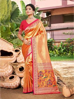 Fashion Petals - Orange Kanjivaram Silk Woven Work Saree With Unstitched Blouse