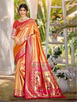 Fashion Petals - Orange Kanjivaram Silk Woven Work Saree With Unstitched Blouse
