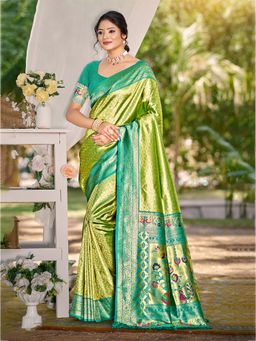 Fashion Petals - Parrot Green Kanjivaram Silk Woven Work Saree With Unstitched Blouse