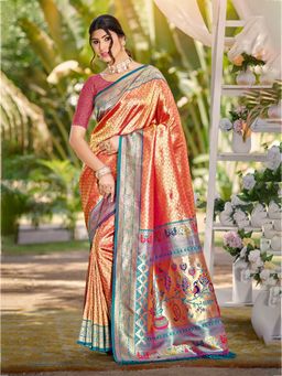 Fashion Petals - Peach Kanjivaram Silk Woven Work Saree With Unstitched Blouse