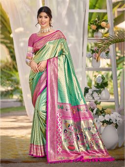 Fashion Petals - Green Kanjivaram Silk Woven Work Saree With Unstitched Blouse