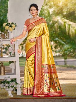 Fashion Petals - Golden Yellow Kanjivaram Silk Woven Work Saree With Unstitched Blouse
