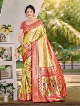 Fashion Petals - Yellow Kanjivaram Silk Woven Work Saree With Unstitched Blouse