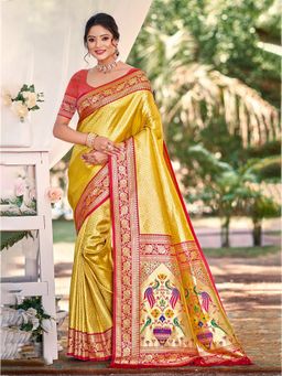 Fashion Petals - Gold Kanjivaram Silk Woven Work Saree With Unstitched Blouse