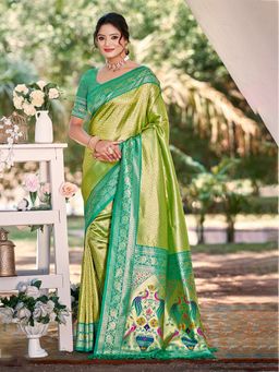 Fashion Petals - Parrot Green Kanjivaram Silk Woven Work Saree With Unstitched Blouse