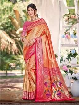 Fashion Petals - Orange Kanjivaram Silk Woven Work Saree With Unstitched Blouse