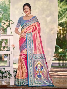 Fashion Petals - Pink Kanjivaram Silk Woven Work Saree With Unstitched Blouse