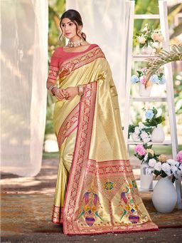Fashion Petals - Golden Yellow Kanjivaram Silk Woven Work Saree With Unstitched Blouse