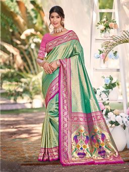 Fashion Petals - Green Kanjivaram Silk Woven Work Saree With Unstitched Blouse