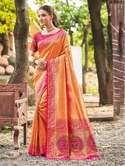 Fashion Petals - Orange Kanjivaram Silk Woven Work Saree With Unstitched Blouse