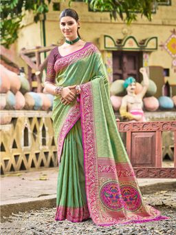 Fashion Petals - Green Kanjivaram Silk Woven Work Saree With Unstitched Blouse