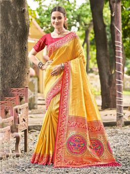 Fashion Petals - Yellow Kanjivaram Silk Woven Work Saree With Unstitched Blouse