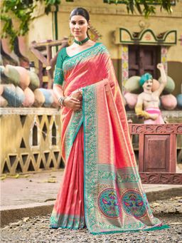 Fashion Petals - Pink Kanjivaram Silk Woven Work Saree With Unstitched Blouse